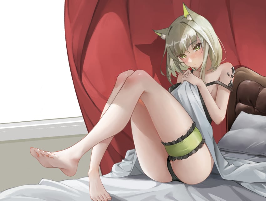 1girls 2023 animal_ear_fluff animal_ears arknights ass bare_legs barefoot bed bedroom black_panties blush cat_ears catgirl covering embarassed feet feet_up green_eyes green_hair hi_res kal'tsit_(arknights) kemonomimi legs light-skinned_female light_skin panties pillow pussy_visible_through_clothes sama24654684 sitting solo thighs toes