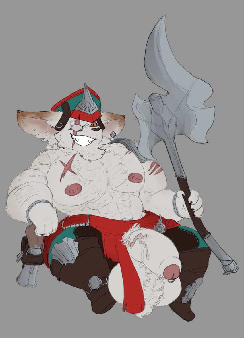 anthro axe body_hair clothed clothing genital_piercing genitals hi_res humanoid humanoid_genitalia kled league_of_legends loganarcania male muscular nipples pecs penis penis_piercing piercing riot_games solo solo_male yordle