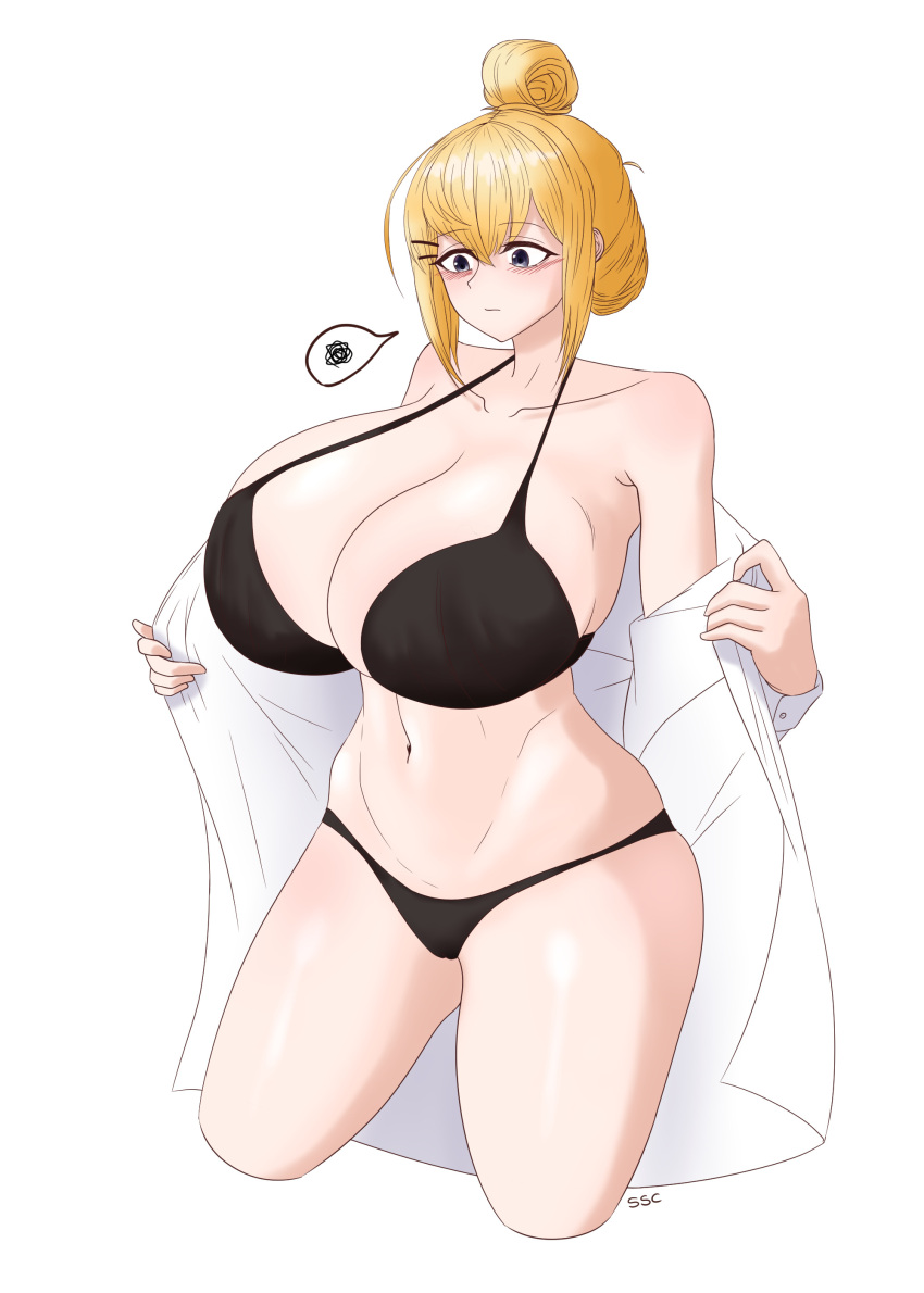 1girls belly_button bikini black_bikini blonde_hair blush breasts c-79g_habetrot_(last_origin) cleavage clothed clothing female female_only hairclips huge_breasts last_origin light-skinned_female light_skin open_shirt shirt solo spoken_squiggle ssc swimsuit tagme unbuttoned unbuttoned_shirt