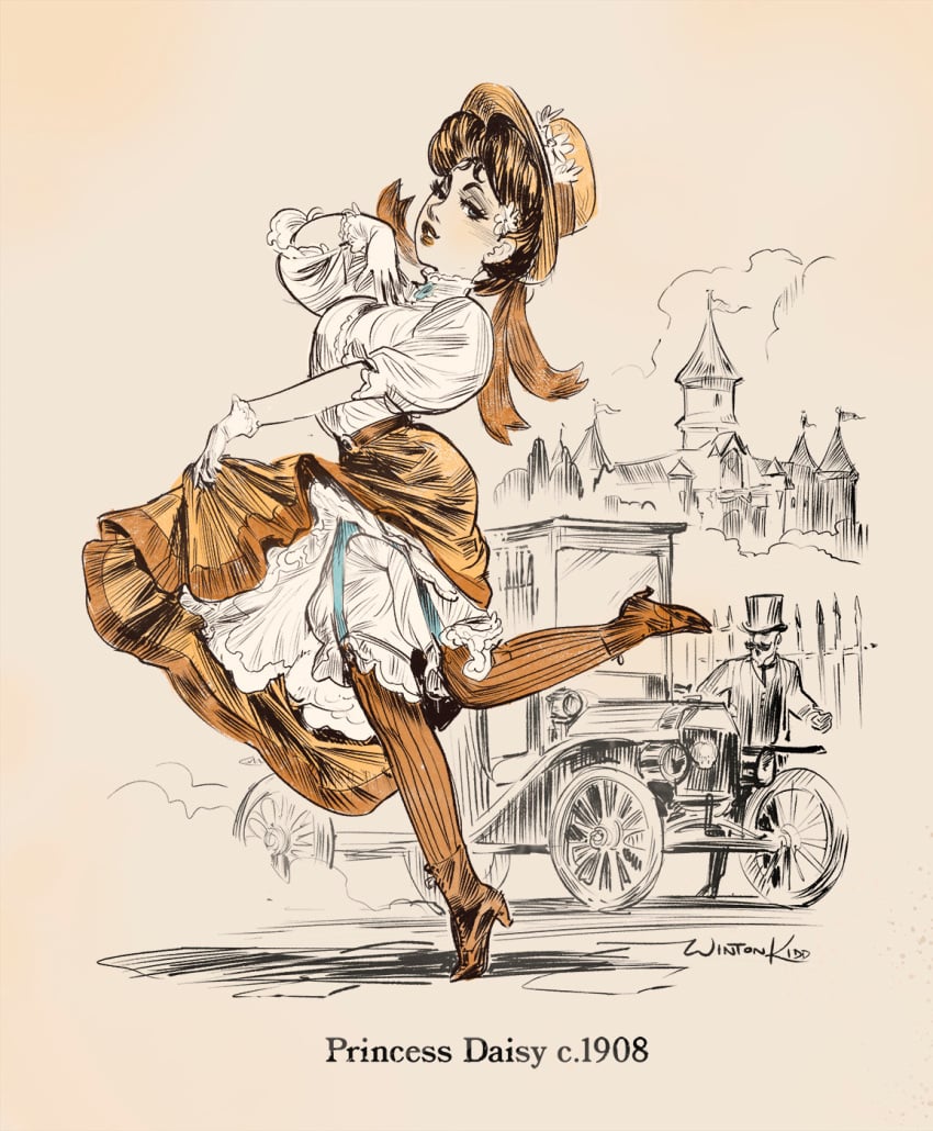 1girls bloomers_(victorian) boots edwardian flashing flashing_panties garter_belt gibson_girl gloves hat hatching_(art) high_heel_boots lidded_eyes looking_at_viewer mario_(series) partially_colored princess_daisy retro_artstyle side_view skirt_lift solo_female wintonkidd