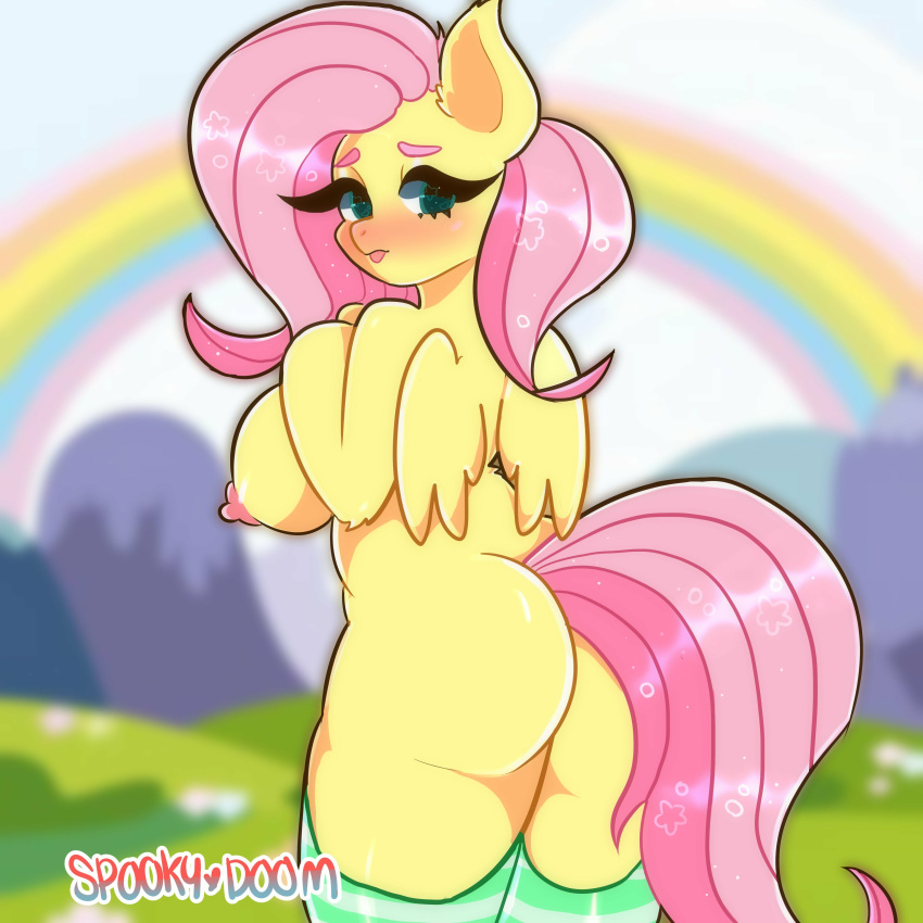 2021 ass blue_eyes blush breasts female female_focus female_only fluttershy_(mlp) friendship_is_magic furry hair_on_head hasbro looking_at_viewer looking_back my_little_pony nipples pink_hair pony rainbow spooky_doom thick_thighs thighhighs thighs tongue tongue_out yellow_body