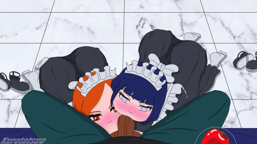 1boy 2girls animated ass bleach dark-skinned_male fellatio hyuuga_hinata inoue_orihime interracial kurotatsuo maid maid_headdress maid_uniform naruto naruto_(series) naruto_shippuden oral saliva shoes smegma socks sucking_balls threesome tile_floor tiles wine wine_glass