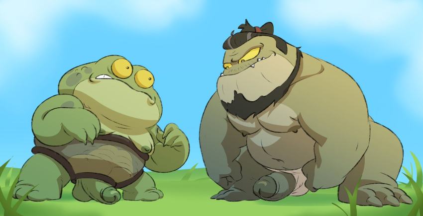 2023 amphibia amphibia_(series) amphibian anthro balls beard belly big_belly boner captain_bufo clothing disney duo erection facial_hair frog genitals green_body hi_res male male_only moobs nipples nude outside overweight overweight_male penis posduroo underwear unknown_character