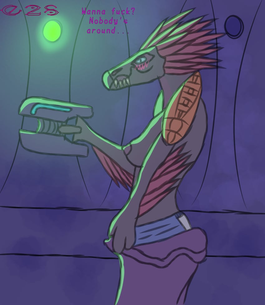 028-mendicantspire alien anthro bedroom_eyes blush breasts clothed clothing dialogue female female_kig-yar halo_(series) hi_res holding_object holding_weapon kel_(028-mendicantspire) kig-yar microsoft narrowed_eyes partially_clothed scalie seductive side_boob side_view solo t'vaoan teasing weapon xbox_game_studios