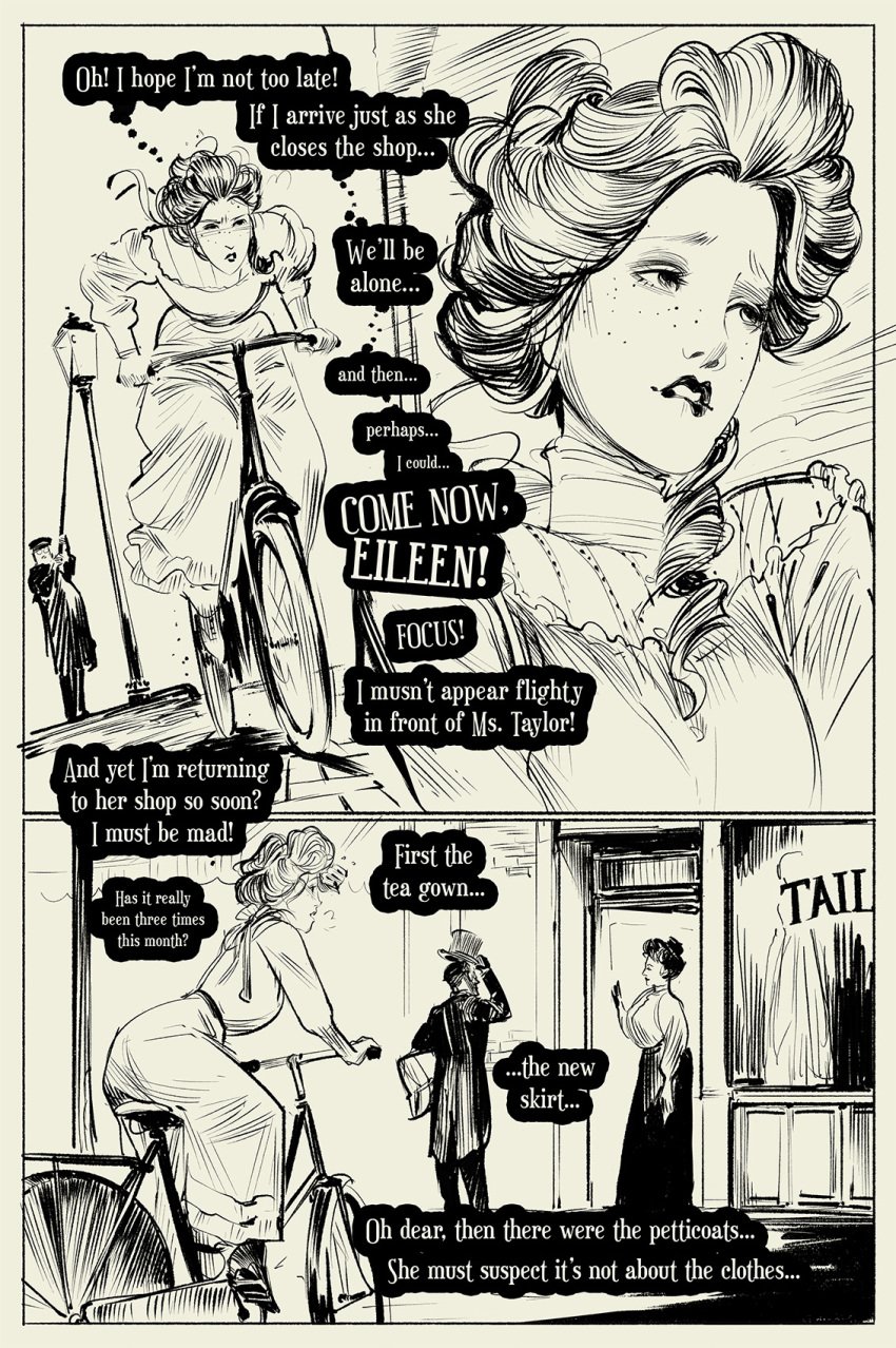 bicycle biting_lip black_and_white comic edwardian freckles gibson_girl hatching_(art) nervous retro_artstyle seamstress wintonkidd yuri