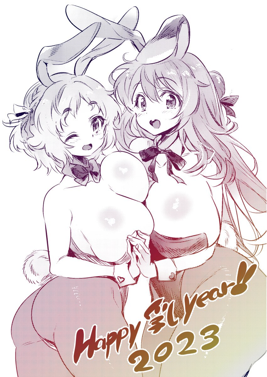 2girls bangs breast_press bunny_ears bunny_tail bunnysuit chinese_text cleavage duo english_text eyebrows_visible_through_hair female female_only gradient happy_new_year holding_hands large_breasts long_hair looking_at_viewer manyuu_kaeru_tasuke_sansei medium_hair messy_hair monochrome one_eye_closed open_mouth original original_character ribbon simple_background smile standing stockings symmetrical_docking text thick_ass thick_thighs white_background wink