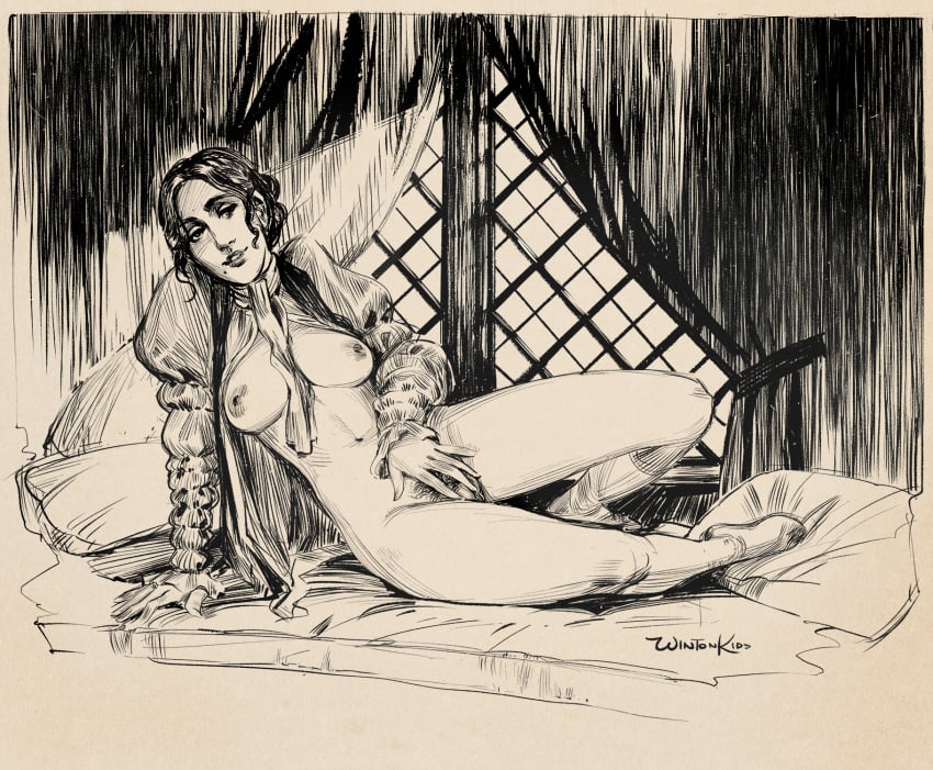 1girls breasts breasts_out dragon_age dragon_age_inquisition gibson_girl hatching_(art) josephine_montilyet looking_at_viewer masturbation monochrome on_bed retro_artstyle solo_female thighs wintonkidd