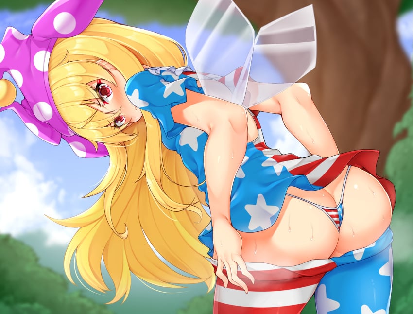 american_flag_dress american_flag_legwear ass blonde_hair blush butt_crack clothes_pull clownpiece daichi_(tokoya) day fairy_wings female from_behind hat highres jester_cap leaning_forward long_hair looking_at_viewer looking_back outdoors panties pantyhose pantyhose_pull polka_dot pulled_by_self purple_headwear red_eyes short_sleeves solo star_(symbol) star_print striped sweat thong touhou transparent_wings underwear very_long_hair wings