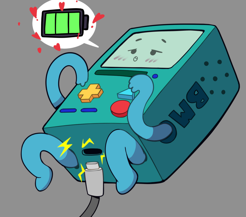 2023 adventure_time blush bmo cartoon_network female green_body heart hi_res looking_pleasured lurkin lying machine not_furry on_back open_mouth robot simple_background solo usb_cable usb_compatible usb_port