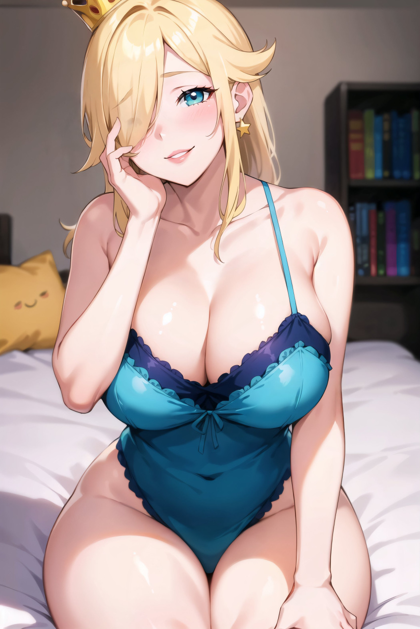 1girls ai_generated blonde_hair blue_eyes breasts cleavage female hair_over_one_eye huge_breasts light-skinned_female light_skin lingerie long_hair looking_at_viewer mario_(series) naughty_face nintendo princess_rosalina smile stable_diffusion stuffyai super_mario_galaxy