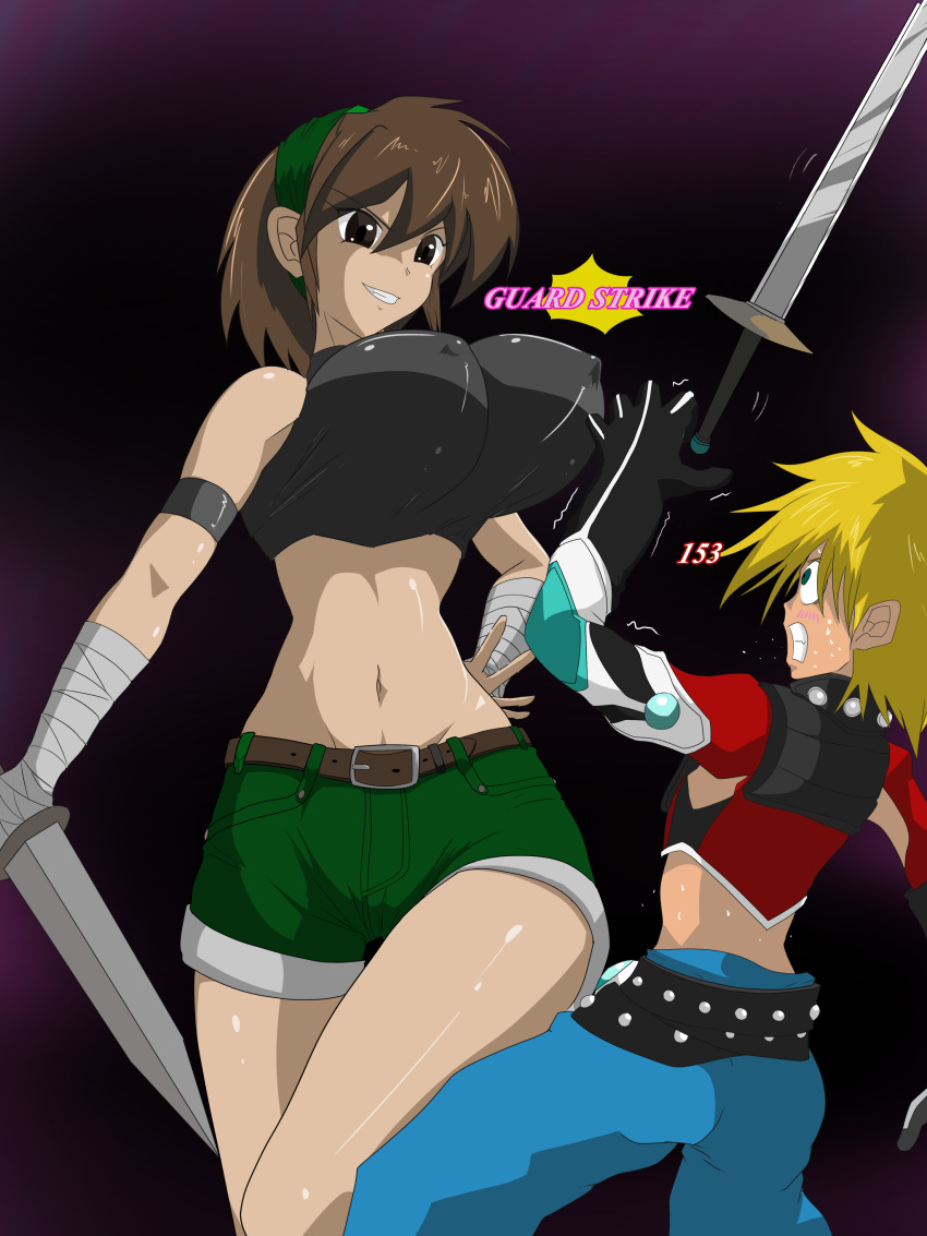 1boy absurdres assertive assertive_female blonde_hair bouncing_breasts breast_attack breasts brown_hair covered_nipples disarmed erect_nipples female femdom fighting height_difference highres huge_breasts large_breasts nipples surprised swinging_breasts sword thick_thighs thighs weapon wide_hips you_gonna_get_raped