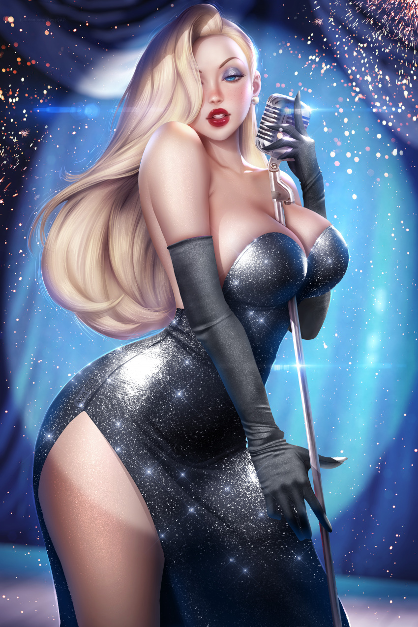 1girls absurd_res ayyasap blonde_hair disney female female_only jessica_rabbit looking_at_viewer seductive_look singing solo thunder_thighs voluptuous voluptuous_female who_framed_roger_rabbit