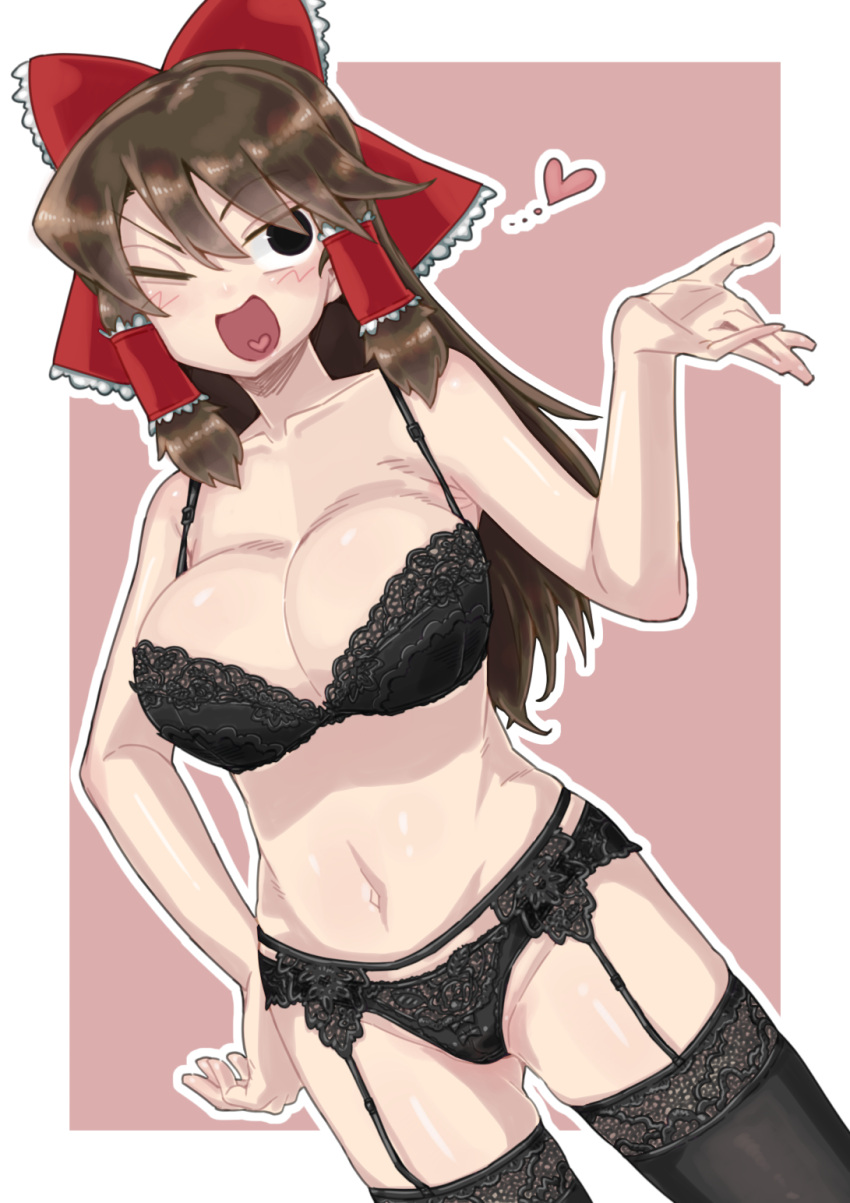 :d black_bra black_eyes black_garter_belt black_panties black_thighhighs blush bow bra breasts brown_hair cleavage commentary_request cookie_(touhou) cowboy_shot dutch_angle empty_eyes female frilled_bow frilled_hair_tubes frills garter_belt hair_between_eyes hair_tubes hairbow hakurei_reimu heart heart_in_mouth highres instrument lace lace_bra lace_panties large_breasts long_hair looking_at_viewer man_(man-room) navel noel_(cookie) one_eye_closed open_mouth panties pink_background red_bow reimu_hakurei smile solo thighhighs touhou two-tone_background underwear underwear_only white_background