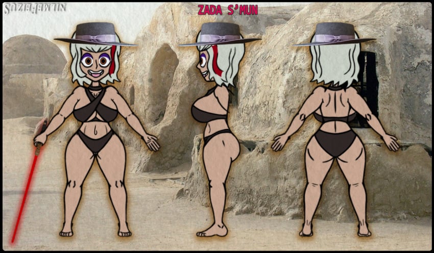 :d background bandage big_ass big_breasts bra character_sheet choker clothing female full_body hat headwear lightsaber looking_at_viewer orange_eyes original_character panties profile red_hair sand smile star_wars suziefemlin tagme tan_skin thong underwear weapon white_hair wraps zada_s'mun