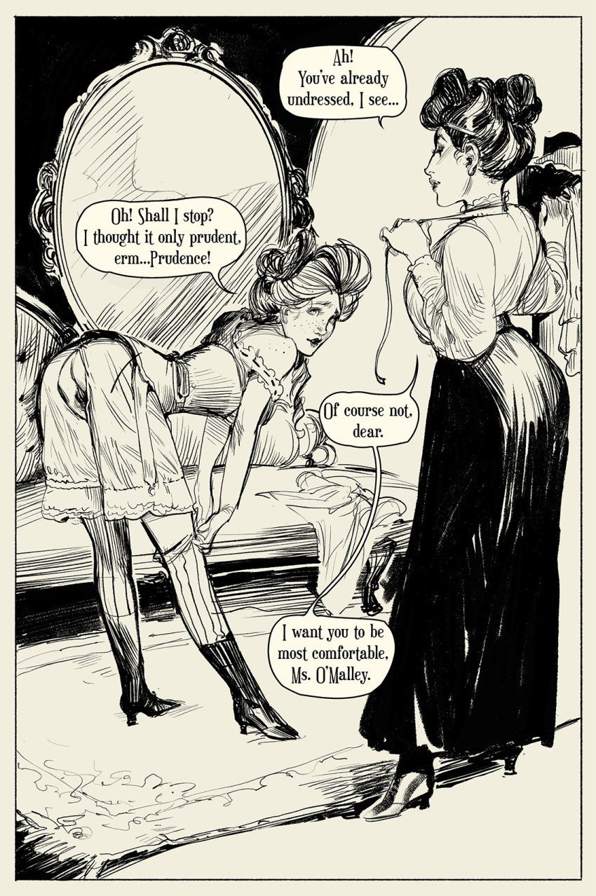 ass bent_over black_and_white bloomers_(victorian) comic corset edwardian freckles gibson_girl hatching_(art) high_heel_boots measuring_tape pussy retro_artstyle seamstress stockings undressing wintonkidd yuri