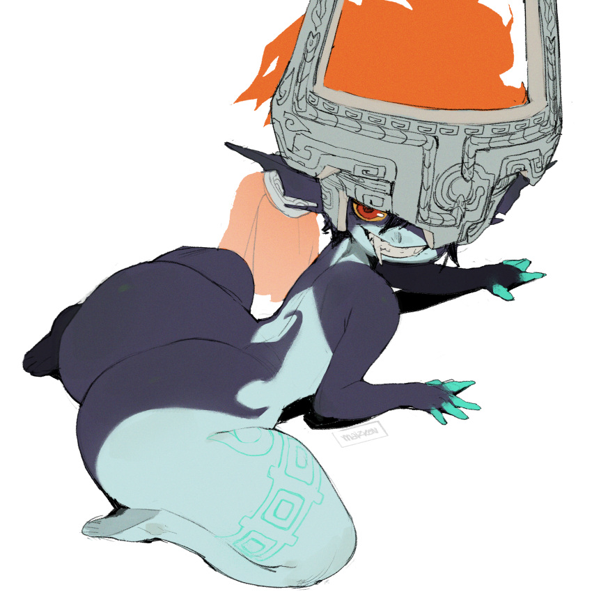1girls big_ass black_body body_markings breasts bubble_ass bubble_butt fangs female grey_body helmet imp long_hair looking_at_viewer maiz-ken medium_breasts midna orange_hair red_eyes shortstack smile smiling smirk smirking solo solo_female solo_focus the_legend_of_zelda thick_thighs twili twilight_princess wide_hips wide_thighs yellow_sclera