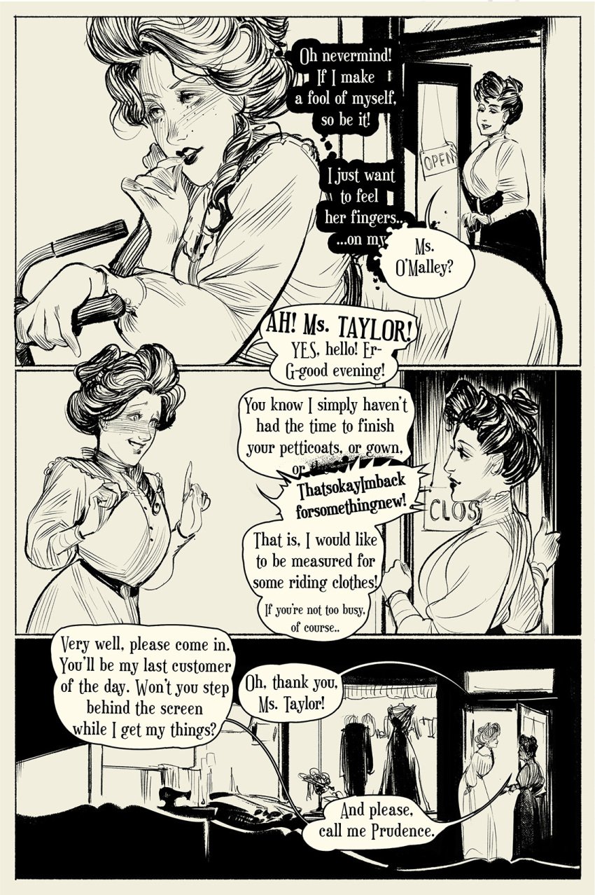 black_and_white blush comic edwardian freckles gibson_girl hatching_(art) nervous nervous_expression nervous_smile retro_artstyle seamstress wintonkidd yuri