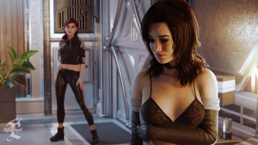 1futa 1girls 3d armwear bioware black_bra black_hair blender blurry blurry_background bottomwear bra clothed clothing commander_shepard detailed_background duo electronic_arts female female_focus female_only femshep futanari futashep highres legging light-skinned_female light_skin long_hair looking_at_partner looking_back mass_effect mass_effect_2 mass_effect_3 miranda_lawson pants red_hair room small_breasts standing topwear water xieangel