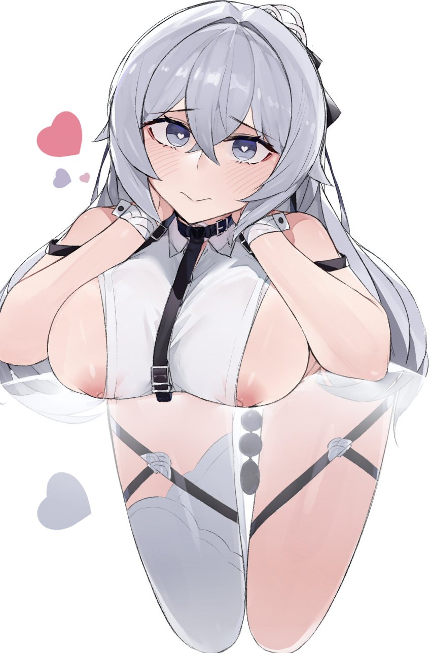 1girls 2023 blush breasts bronya_zaychik bronya_zaychik_(silverwing:_n-ex) grey_eyes heart hi_res honkai_(series) honkai_impact_3rd large_breasts light-skinned_female light_skin long_hair looking_at_viewer nipples shiershishisanfen sideboob simple_background smile solo standing thick_thighs thighs white_hair