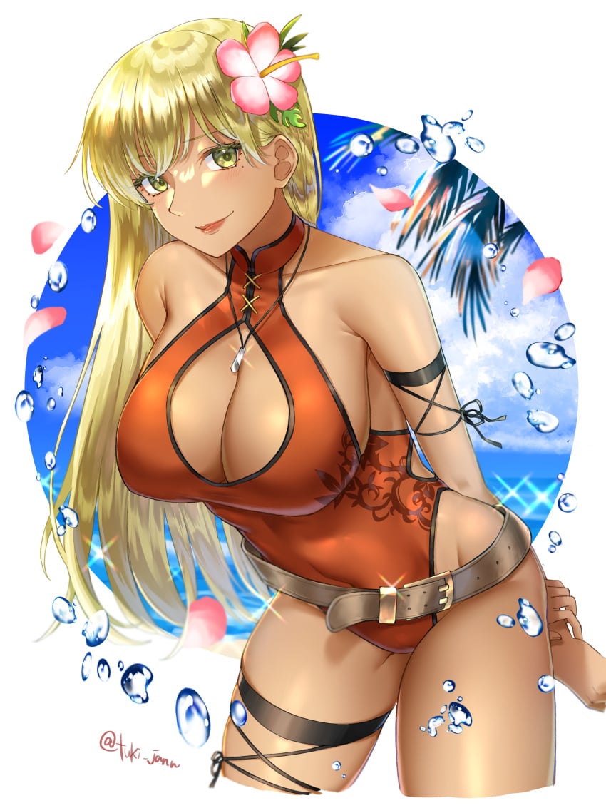 1girls absurdres alternate_costume arm_strap arms_behind_back bare_shoulders blonde_hair blue_sky blush breasts cleavage cleavage_cutout clothing_cutout cloud cloudy_sky covered_navel cowboy_shot dark-skinned_female dark_skin female female_only fire_emblem fire_emblem:_the_binding_blade flower groin hair_flower hair_ornament highleg highleg_swimsuit highres igrene_(fire_emblem) jewelry large_breasts leaning_forward lips long_hair looking_at_viewer mature_female mole mole_under_eye necklace nintendo ocean one-piece_swimsuit palm_tree petals red_leather red_one-piece_swimsuit red_swimsuit sideboob skin_tight skindentation sky smile solo swimsuit thighlet thighs tree tsukimura_(d24f4z8j3t) twitter_username yellow_eyes