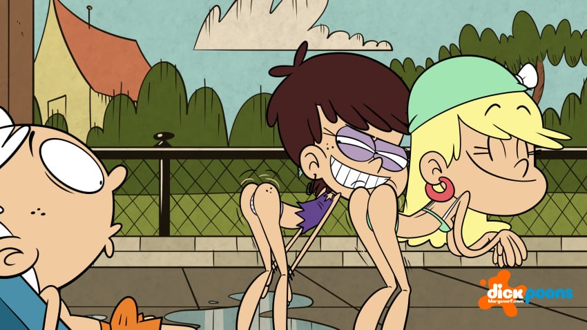 1boy 2girls accurate_art_style ass bent_over bikini blargsnarf butt erection female leni_loud lincoln_loud looking_back luna_loud male naughty_face nickelodeon swimsuit tagme teasing the_loud_house twerking