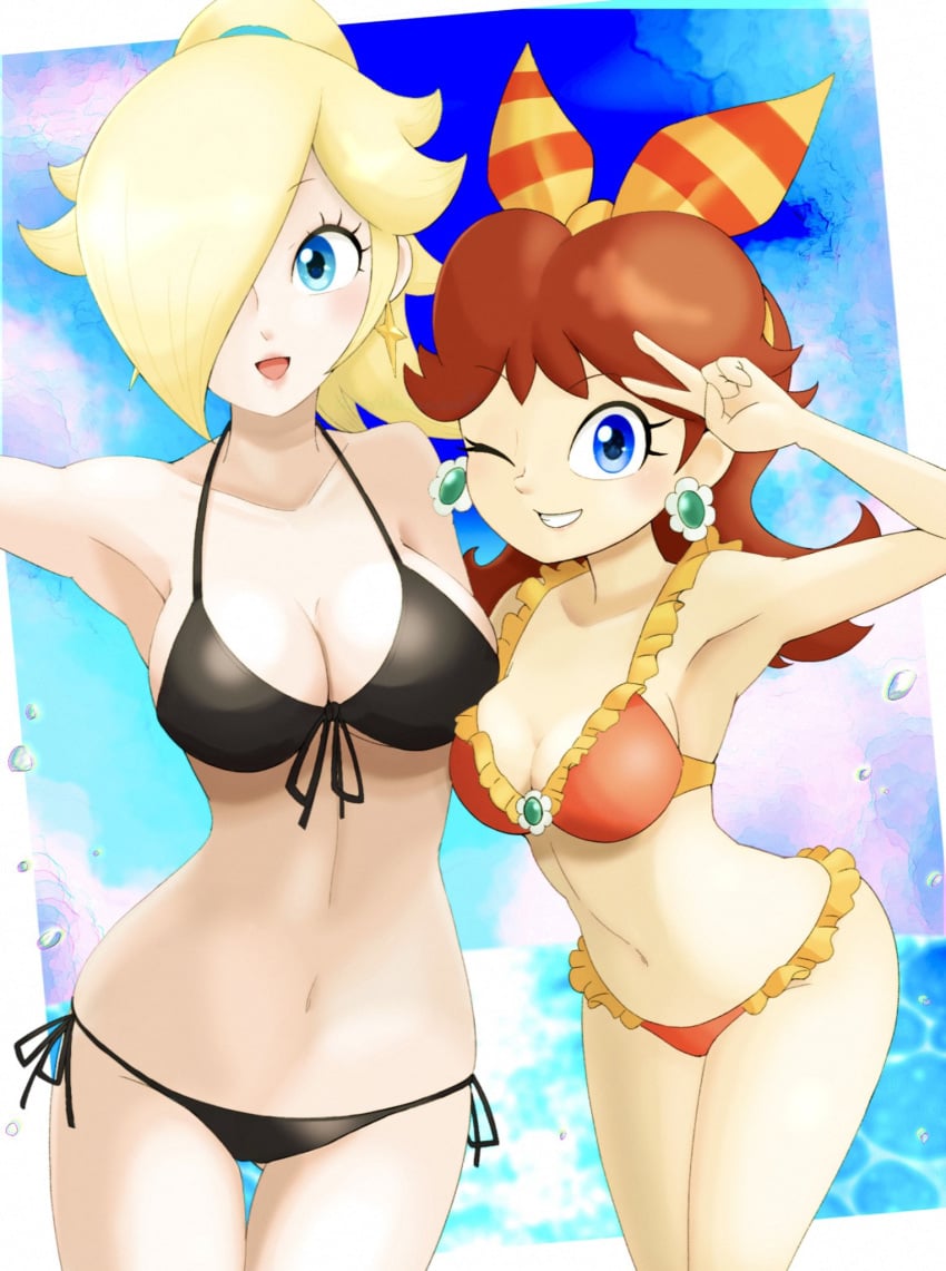 2girls armpits asayakesunsun bikini black_bikini blue_eyes breasts brooch cleavage curvy duo earrings eyebrows_visible_through_hair female female_only flipped_hair flower_earrings frilled_bikini frills ginger_hair hair_over_one_eye hairbow light-skinned_female light_skin lips looking_at_viewer mario_(series) medium_breasts nintendo one_eye_closed open_mouth orange_bikini parted_bangs platinum_blonde_hair ponytail princess_daisy princess_rosalina shoulder_length_hair size_difference smile smiling_at_viewer star_earrings string_bikini striped_hairbow swimsuit thick thick_hips thick_thighs thighs tied_hair v wide_hips