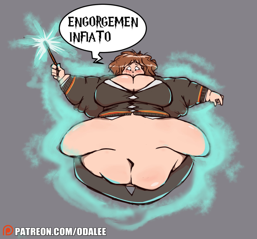 1girls bbw belly big_belly big_breasts breasts brown_hair cleavage dialogue fat female freckles harry_potter hermione_granger large_breasts obese oda-lee overweight text weight_gain