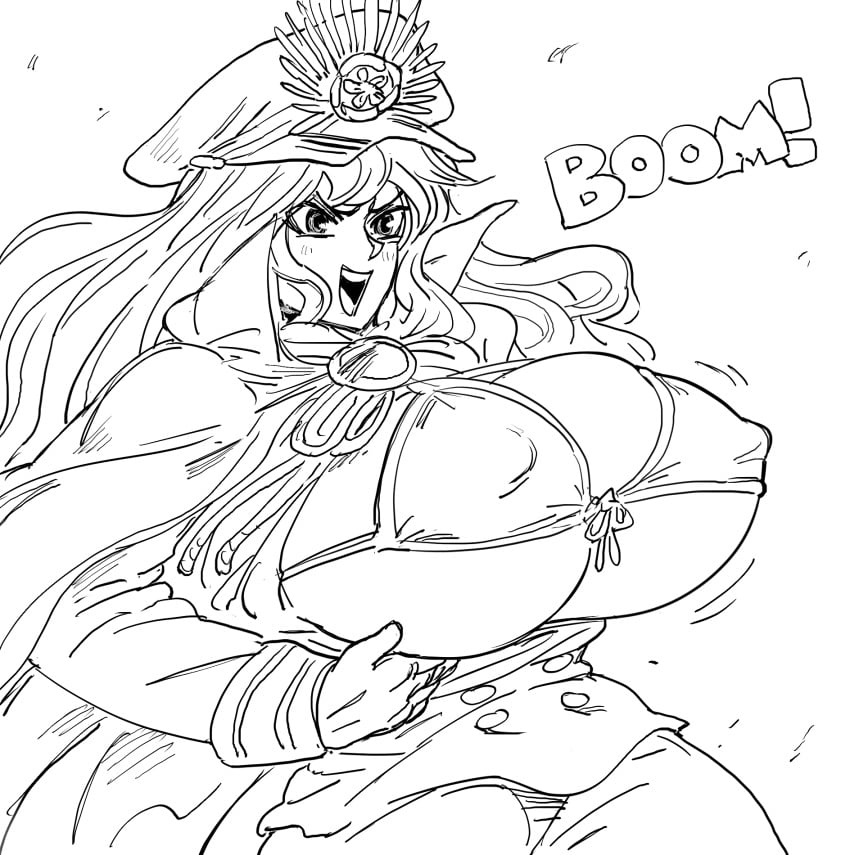 1girls alternate_breast_size bb_(baalbuddy) bikini_top black_and_white breasts breasts_out bursting_breasts busty clothing covered_nipples fate/grand_order fate_(series) female hat huge_breasts koha-ace long_hair military_uniform oda_nobunaga_(fate) open_mouth smile solo wardrobe_malfunction