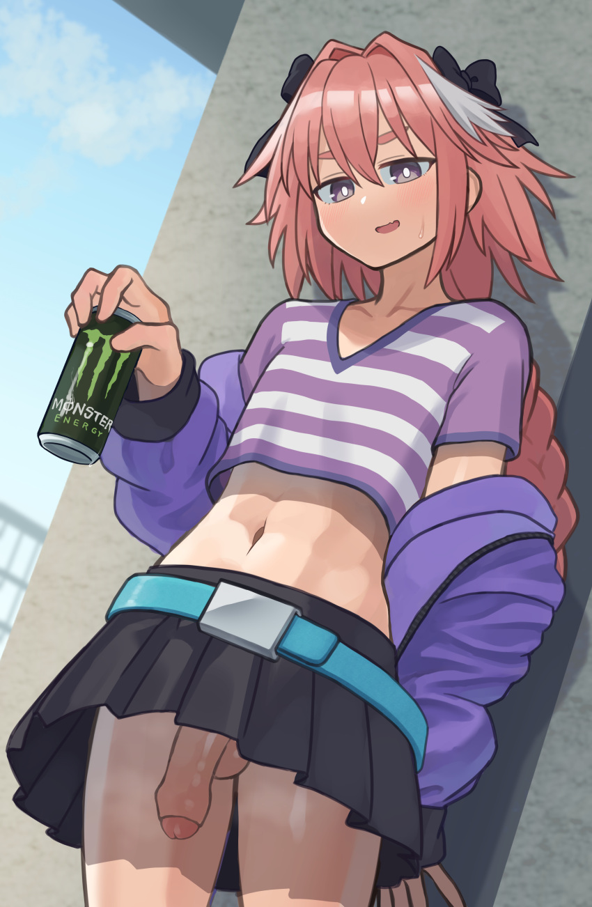 1boy 2023 alternate_version_available androgynous astolfo_(fate) balls ballsack belly belly_button bokky0w0 braid braided_hair canon_crossdressing crossdressing fate/grand_order fate_(series) femboy feminine_male foreskin human intact jacket long_hair_male looking_at_viewer male male_only microskirt midriff monster_energy monster_energy_drink navel no_panties outdoors outside partially_retracted_foreskin penis pink_hair scrotum semi-erect shirt skirt smooth_penis solo testicles trap uncensored uncut