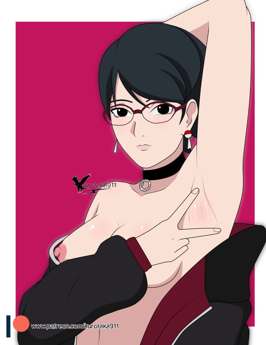 1girls aged_up agung911 arm_behind_head arm_up armpit_fetish armpits barely_clothed boruto:_naruto_next_generations boruto:_two_blue_vortex breasts breasts_out choker convenient_arm earrings eyewear fetish glasses high_resolution hoodie looking_at_viewer megane mostly_nude naruto naruto_(series) nipple_slip nipples no_bra off_shoulder one_arm_up open_clothes patreon_username pinup presenting_armpit sarada_uchiha short_hair solo solo_focus time_skip uchiha_sarada uchiha_symbol uncensored url watermark web_address