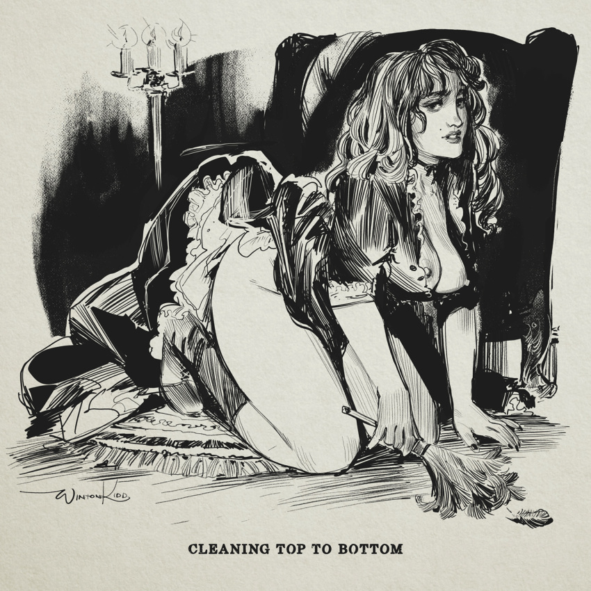 ass beauty_mark black_and_white boots breasts breasts_out caption cleaning feather_duster gibson_girl hatching_(art) kneeling looking_at_viewer maid maid_uniform nipple_slip retro_artstyle skirt_aside text thick_thighs thighs unbuttoned wintonkidd