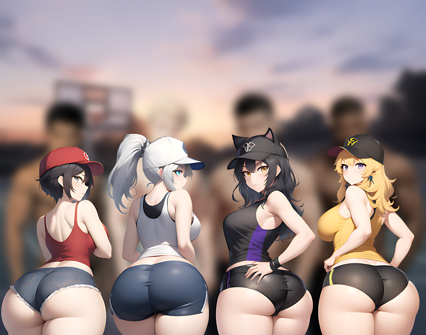 4boys 4girls ai_generated baseball_cap basketball_court big_ass black_hair blake_belladonna blonde_hair blue_eyes blurred_character blurry_background booty_shorts dark-skinned_male highres imminent_sex light-skinned_female light-skinned_male long_hair multiple_boys multiple_girls obscured_character pawg purple_eyes rooster_teeth ruby_rose rwby short_hair skimpy_clothes streetwear sunset tank_top thick_thighs weiss_schnee white_eyes white_hair yang_xiao_long yellow_eyes