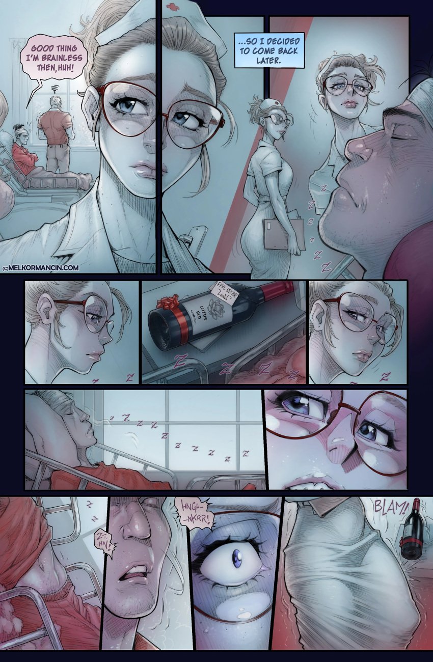 braces comic comic_page father_and_son glasses hairbun hospital hospital_bed injury melkor_mancin morgan_(melkormancin) nurse nurse_cap nurse_uniform old_man original original_character sleeping tagme wine wine_bottle younger_female younger_male