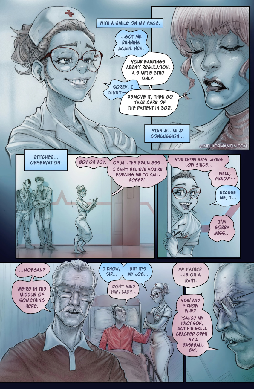 braces comic comic_page earrings father_and_son glasses hairbun hospital hospital_bed injury mature_female melkor_mancin morgan_(melkormancin) moustache nurse nurse_cap nurse_uniform old_man original original_character tagme younger_female