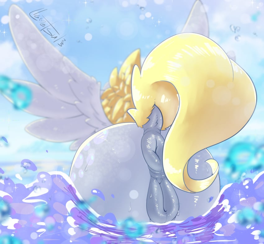 1girls 2023 anus ass cutie_mark derpy_hooves digital_media_(artwork) dock equid equine faceless_character faceless_female female female_only feral friendship_is_magic genitals hasbro llametsul mammal my_little_pony pegasus ponut pussy rear_view solo water wet wet_body wings