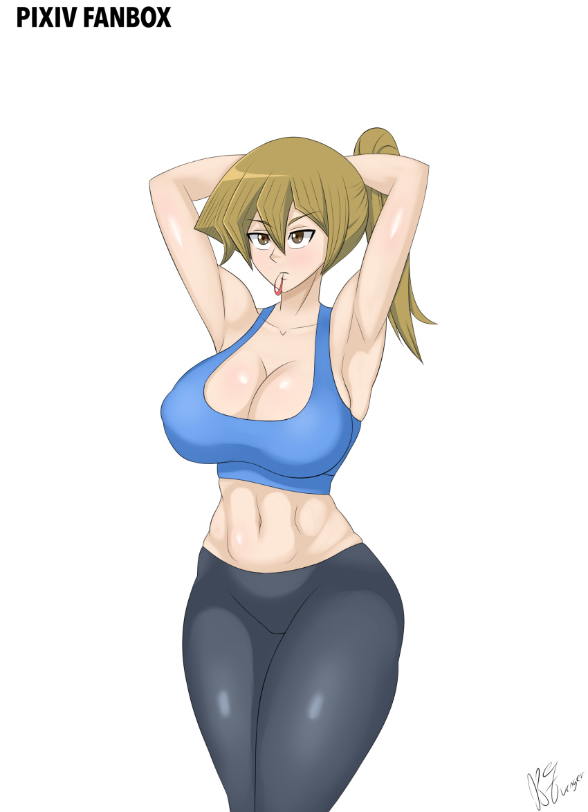 1girls alexis_rhodes arms_behind_back k7venger sports_bra sportswear yu-gi-oh! yu-gi-oh!_gx