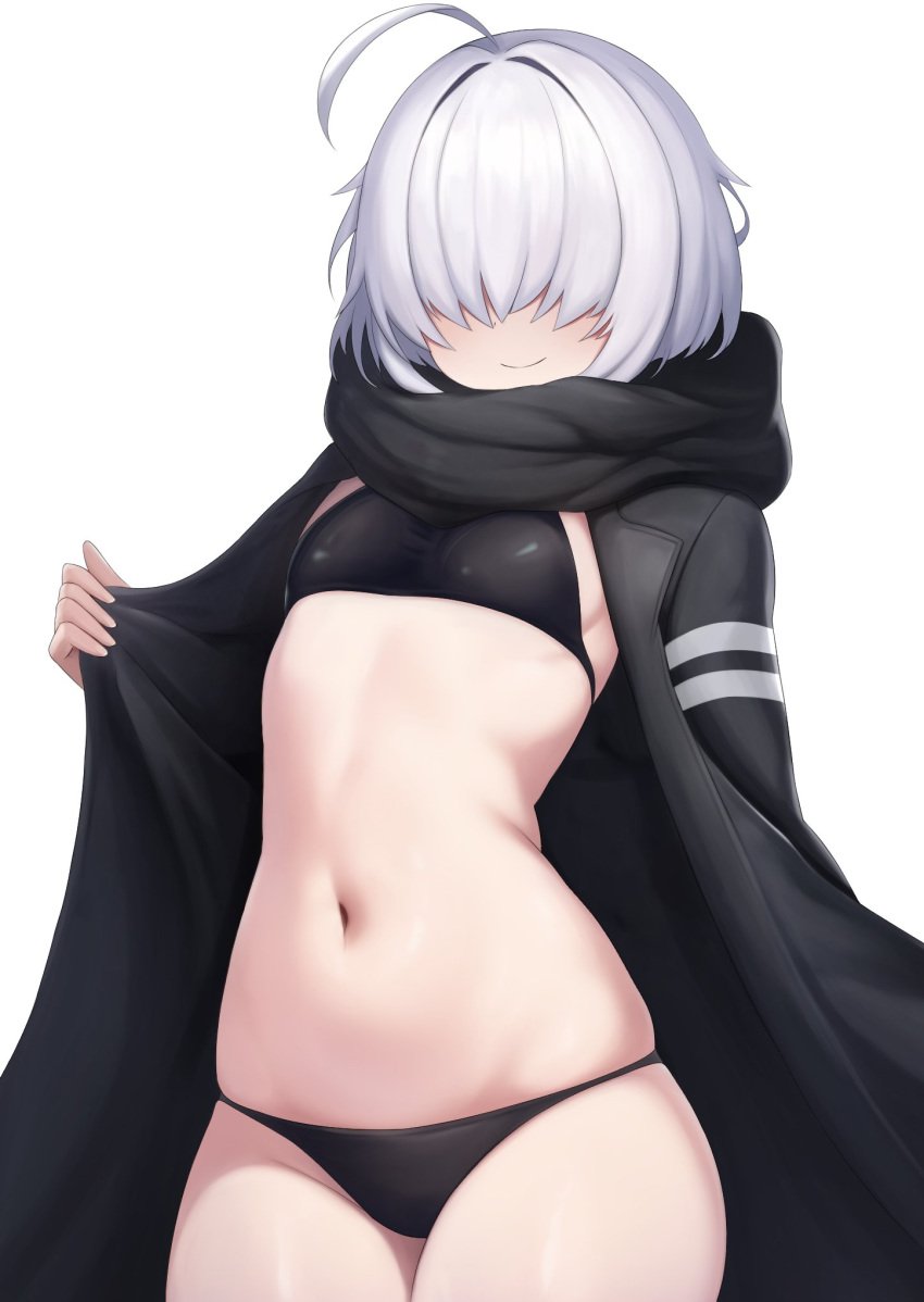 arc9_(mikoscrub) bra female hair_over_eyes mikoscrub navel panties underwear white_background white_hair