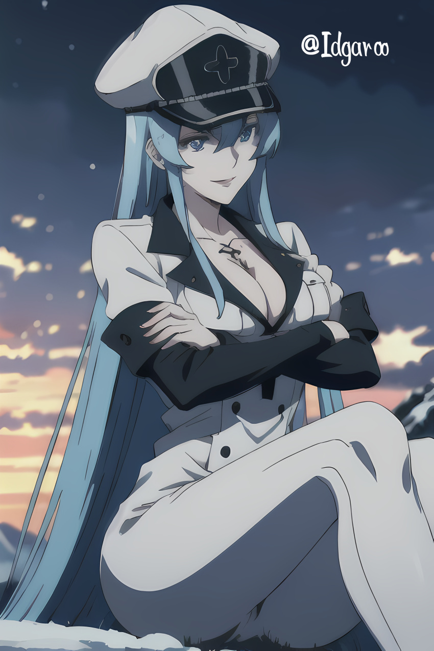 ai_generated akame_ga_kill! blue_eyes blue_hair crossed_arms esdeath_(akame_ga_kill!) idgaroo lake long_hair military military_hat military_uniform sitting smile smiling snow snowy_mountains_(map) stable_diffusion sunset