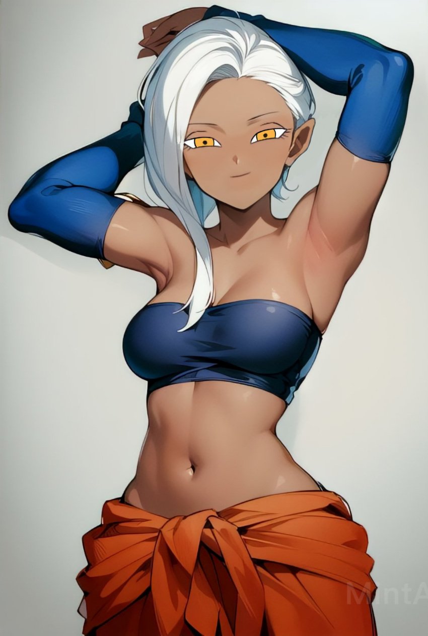 1girls ai_generated akira_toriyama_(style) alien_girl android antagonist armpits arms aura big_breasts blue_sleeves blue_topwear breasts brown_hair clavicle clothed clothes dark-skinned_female dark_skin dragon_ball dragon_ball_super female fully_clothed golden_eyes iwaza iwaza_(dragon_ball_super) long_ears long_hair long_sleeve pointy_ears red_pants red_shirt shirt_down shoulders shueisha silver_hair skin smile smiley_face top villainess white_background yamidanight