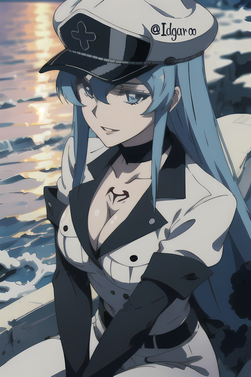 ai_generated akame_ga_kill! blue_eyes blue_hair esdeath_(akame_ga_kill!) idgaroo lake long_hair military military_hat military_uniform sitting smile smiling snow snowy_mountains_(map) stable_diffusion sunset