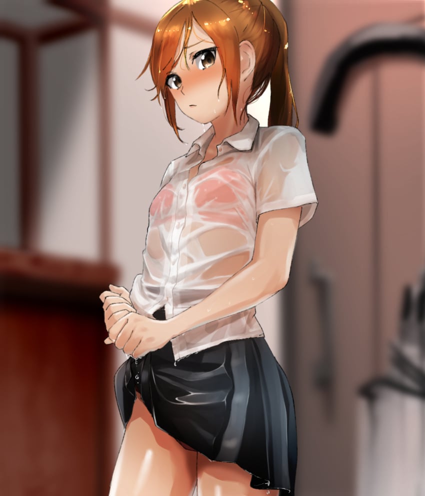 brown_eyes brown_hair hori-san_to_miyamura-kun hori_kyouko horimiya pink_bra see-through_clothing skirt tagme wet_clothes