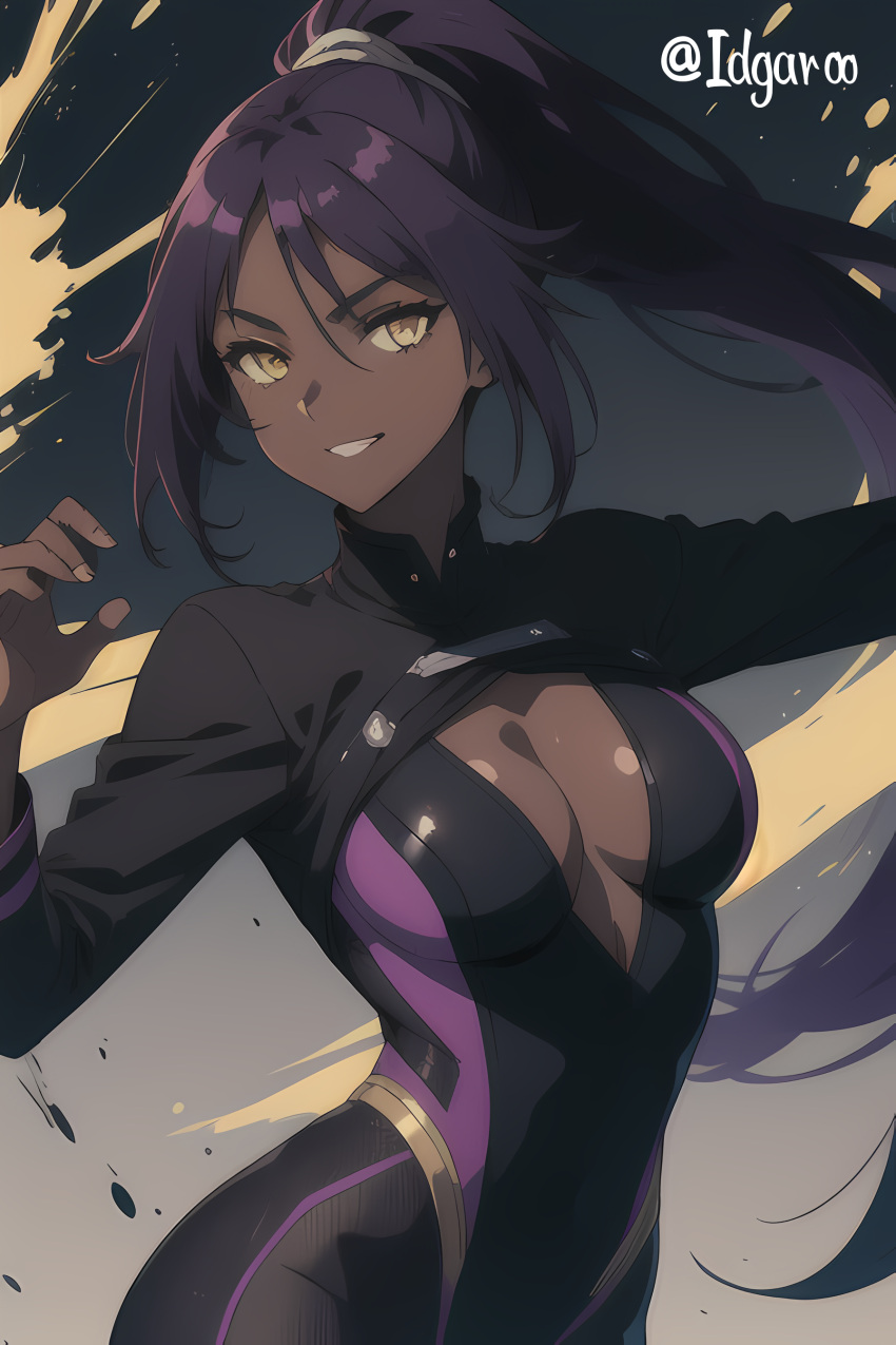 abstract_background ai_generated black_clothing bleach breasts dark-skinned_female dark_skin hi_res highres idgaroo long_hair looking_at_viewer ponytail purple_hair shihouin_yoruichi smile smiling smiling_at_viewer stable_diffusion suit tight_clothing tight_suit yellow_eyes