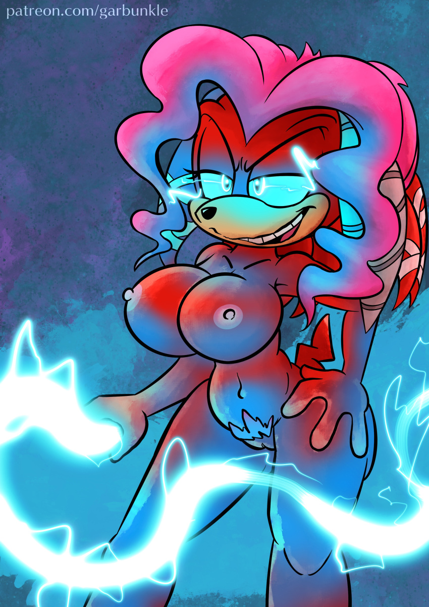 2023 absurd_res anthro archie_comics big_breasts breasts electricity female garbunkles genitals glowing glowing_eyes hand_on_hip hi_res holding_object holding_whip lien-da navel nipples pubes pussy sega smile solo sonic_(series) sonic_the_hedgehog_(archie) sonic_the_hedgehog_(comics) sonic_the_hedgehog_(series) tail text url whip