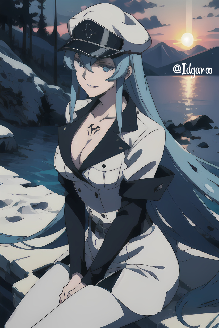 ai_generated akame_ga_kill! blue_eyes blue_hair esdeath_(akame_ga_kill!) idgaroo lake long_hair military military_hat military_uniform sitting smile smiling snow snowy_mountains_(map) stable_diffusion sunset