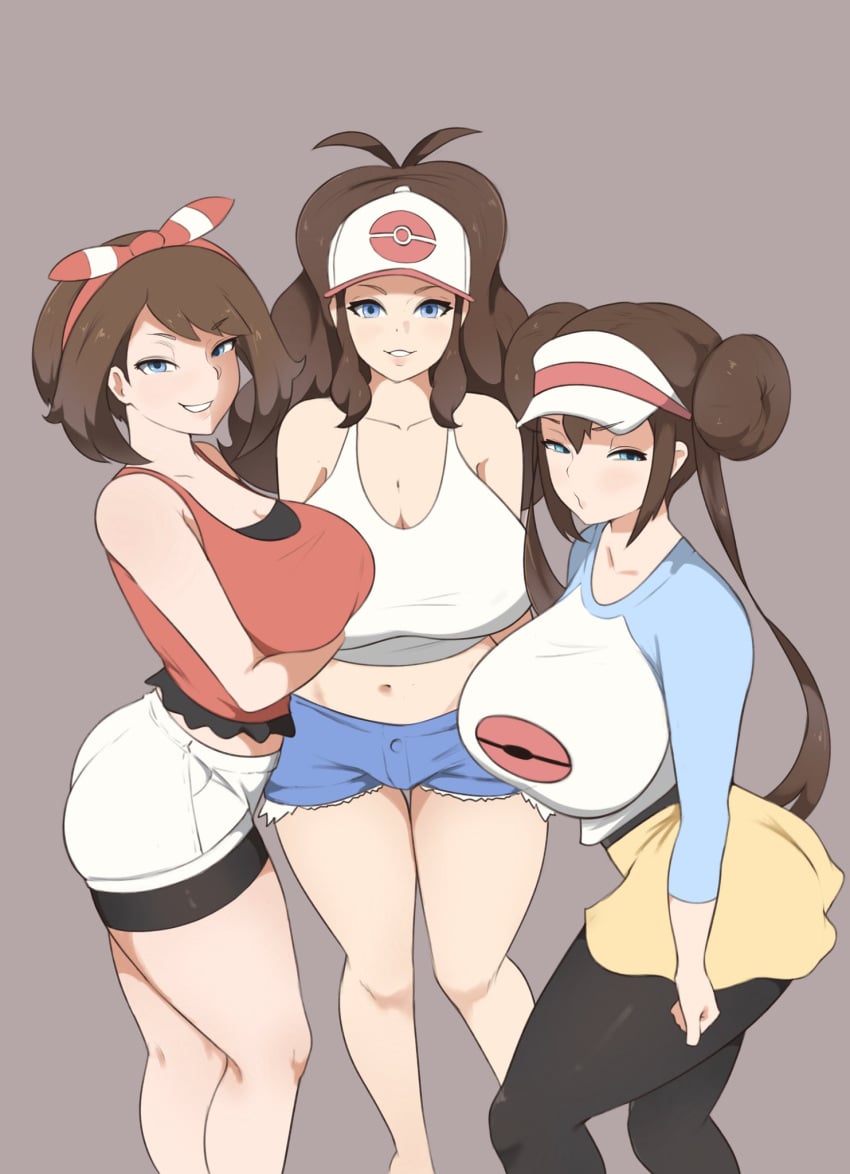 3girls aged_up blue_eyes breasts brown_hair female hannya_san hilda_(pokemon) hips huge_breasts light-skinned_female light_skin long_hair may_(pokemon) may_(pokemon_oras) nintendo pokemon pokemon_bw pokemon_bw2 pokemon_oras ponytail ribbon ribbon_in_hair rosa_(pokemon) thick_thighs thighs twin_buns twintails wide_hips