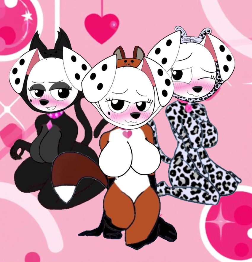 big_breasts blush blushing breast_squish breasts cute dallas_(101_dalmatians) dalmatian deja_vu_(101_dalmatians) destiny_(101_dalmatians) fox fox_costume fur harvey01. harvey01._(artist) horny_female huge_breasts panther siblings snow_leopard squish triple_d_(101_dalmatians) triplets white_fur wide_hips young