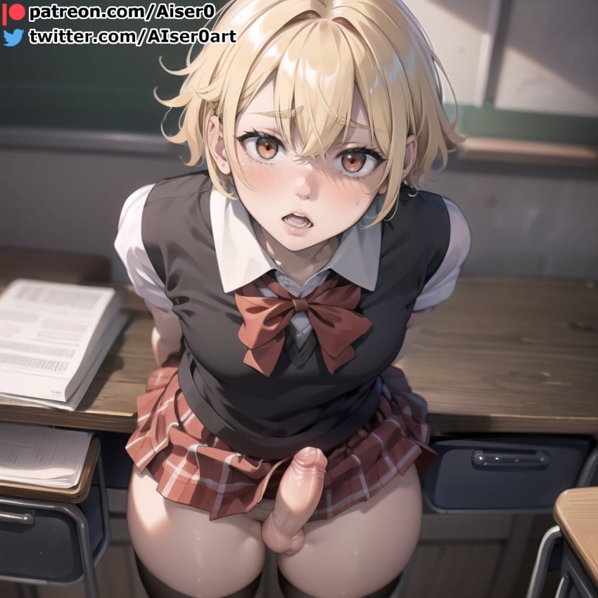 1boy ai_generated aiser0 blonde_hair blush bow brown_eyes classroom crossdressing cute_boy cute_face cute_male erection femboy feminine_male from_above girly girly_boy indoors looking_at_viewer male_focus otoko_no_ko parted_lips penis pleated_skirt pov red_bow red_skirt school school_uniform schoolboy skirt sweatdrop testicles thighhighs thighs vest