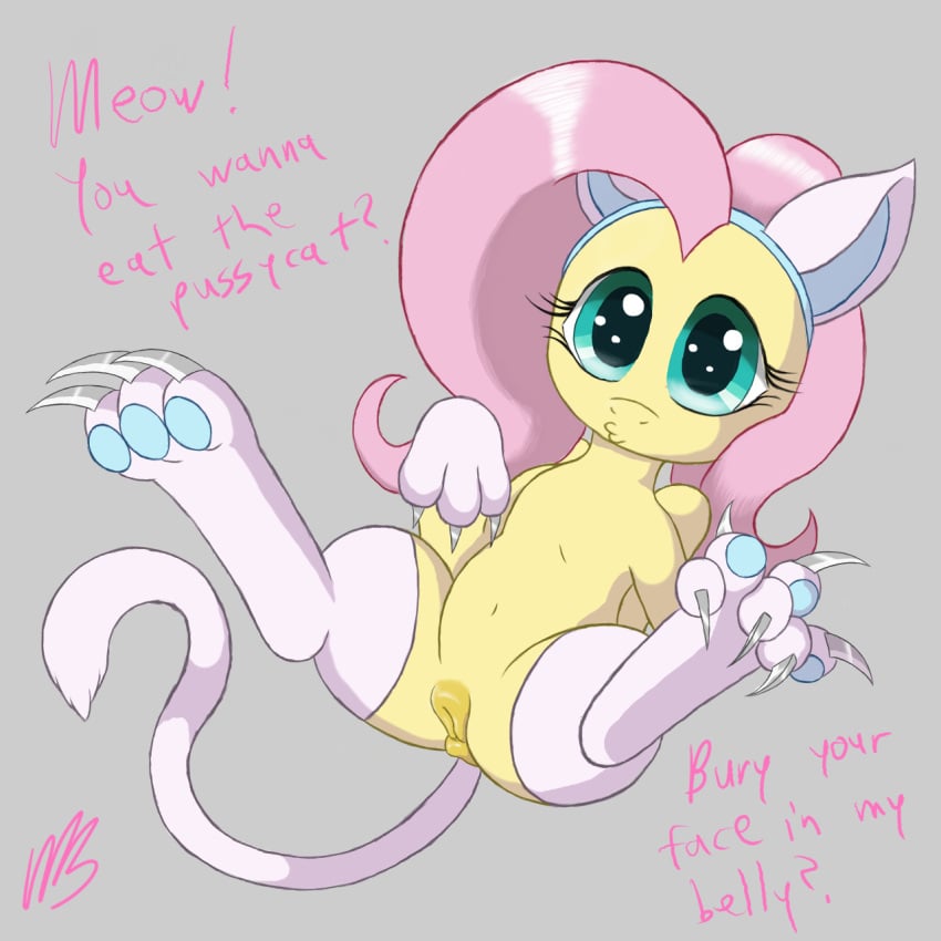 cat_costume claws clothing costume duck_lips english_text equid equine female feral fluttershy_(mlp) friendship_is_magic genitals hasbro hi_res horse mammal maulnarch_blooderfly my_little_pony pony pussy signature solo text