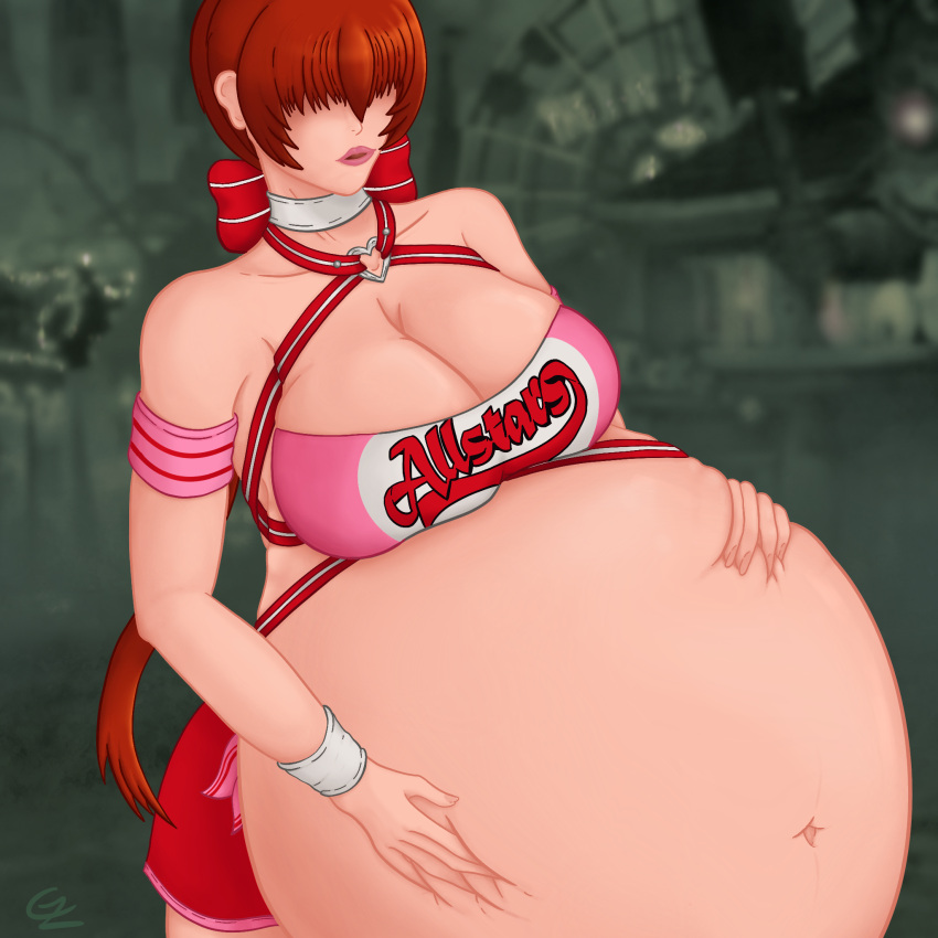 1girls alternate_costume belly belly_bulge belly_hold belly_press big_belly big_belly_bulge big_breasts blinding_bangs breasts cartrzz cheerleader cheerleader_outfit cheerleader_uniform hands_on_belly holding_belly huge_belly inflation king_of_fighters light-skinned_female light_skin red_hair rubbing_belly shermie_(kof) short_hair solo solo_female solo_focus stuffed_belly tagme video_game_character video_games