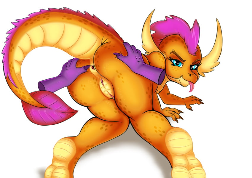 2019 absurd_res anthro anus ass blue_eyes brown_eyebrows butt_grab claws countershade_scales countershading dragon duo exelzior eyebrows feet female friendship_is_magic genitals hand_on_butt hasbro hi_res looking_at_viewer looking_back looking_back_at_viewer my_little_pony orange_body orange_scales pussy scales scalie seductive simple_background smolder_(mlp) soles spade_tail tail tongue tongue_out white_background wings yellow_body yellow_scales young